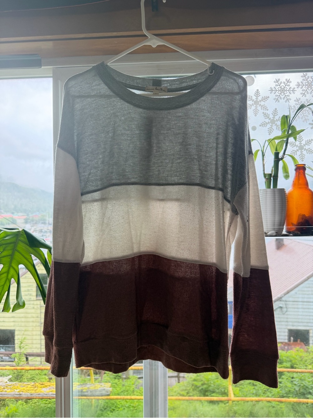 Colorblock Crewneck Sweater - Gray, White & Brown